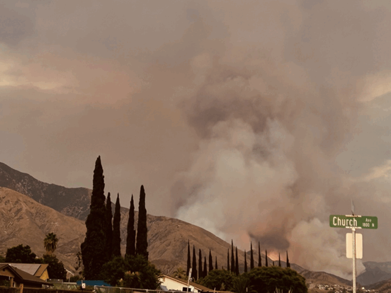 View of Line Fire burning in San Bernardino County taken from Church Street in Highland, CA.